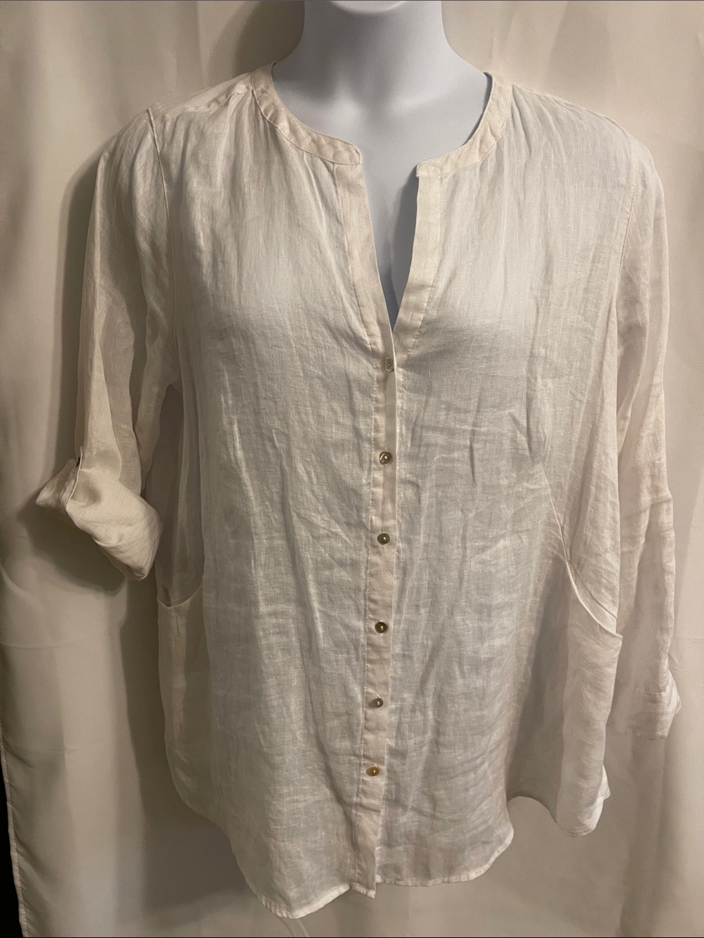 Sigrid Olsen White Linen Button-Front Tunic Blouse 1X